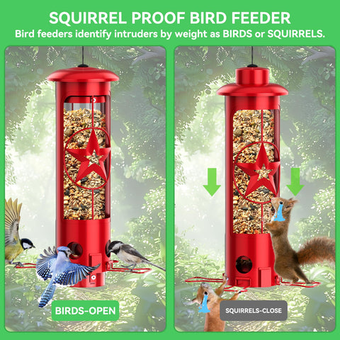 ZZOOEE Squirrel-Proof Feeder weight-activated mechanism deters squirrels while birds feed.